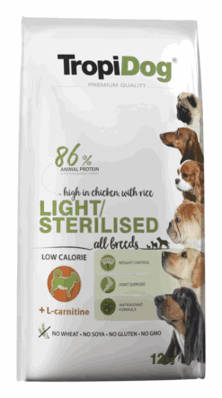 Tropidog Premium Light Poulet Stérilisé Avec Riz 12kg + Surprise Gratuite Pour Chien